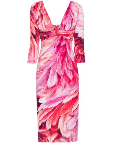 Roberto Cavalli Plumage-Print Midi Dress - Pink