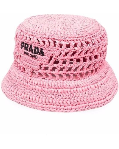 Prada Logo-Embroidered Raffia Bucket Hat - Pink