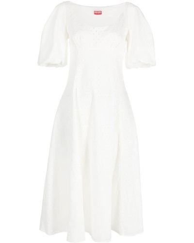 KENZO Puff-Sleeve Embroidered Midi Dress - White