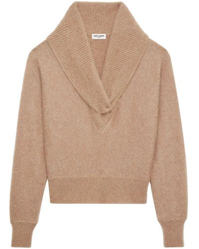 Saint Laurent Cowl-Effect V-Neck Jumper - Natural