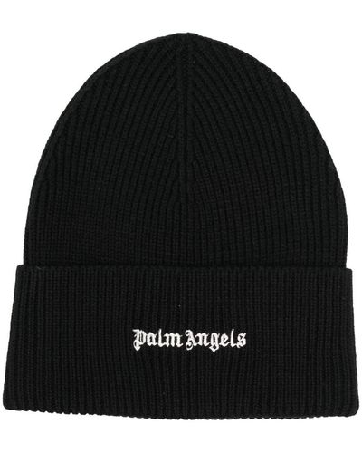 Palm Angels Logo-Embroidered Ribbed-Knit Beanie - Black