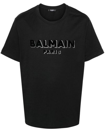 Balmain Flocked-Logo Cotton T-Shirt - Black