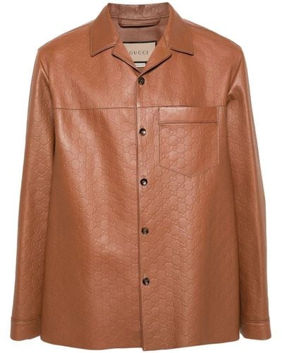 Gucci Gg Supreme Leather Shirt Jacket - Brown