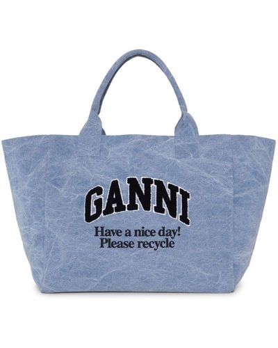 Ganni Logo-Embroidered Tote Bag - Blue