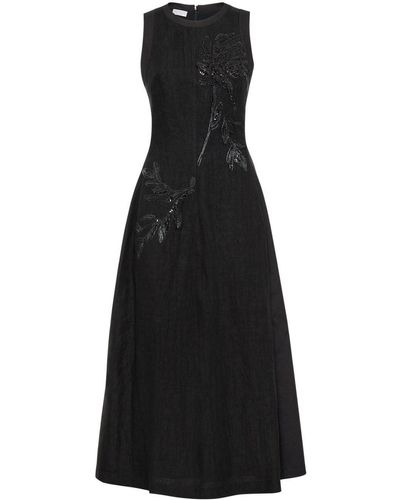 Brunello Cucinelli Floral-Embellished Midi Dress - Black