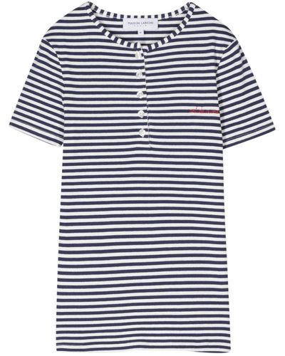 Maison Labiche Slogan-Embroidered Striped T-Shirt - Blue