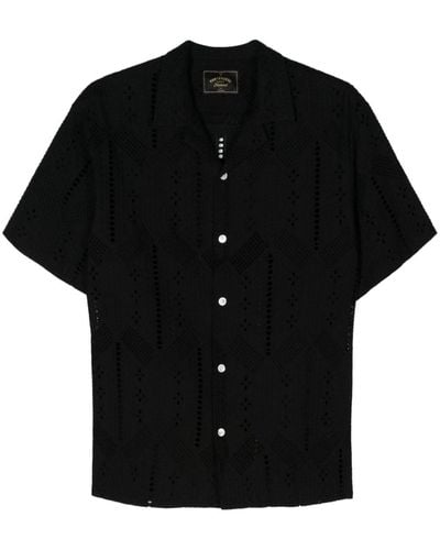 Portuguese Flannel Cut-Out Detail Floral-Embroidery Shirt - Black