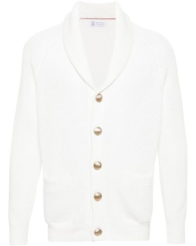 Brunello Cucinelli Logo-Embossed Buttons Ribbed-Knit Cardigan - White