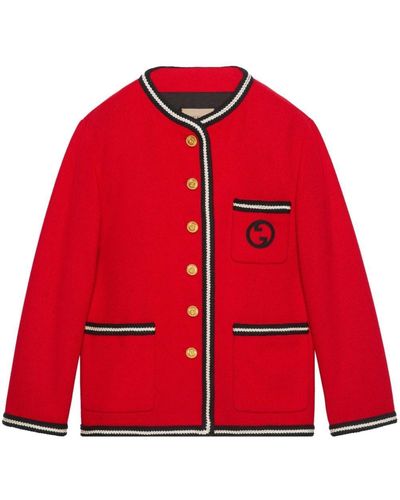 Gucci Interlocking G Logo Tweed Jacket - Red