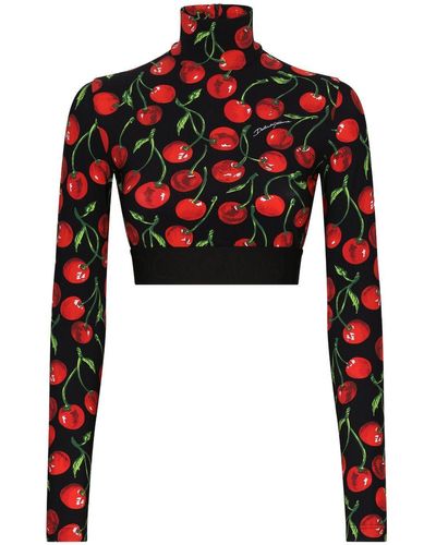 Dolce & Gabbana Cherry-Print Long-Sleeve Crop Top - Red