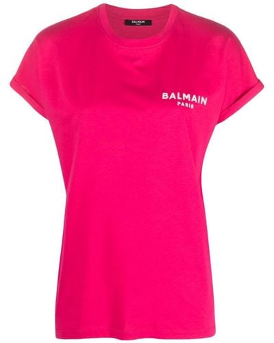 Balmain Logo-Flocked Cotton T-Shirt - Pink