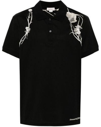 Alexander McQueen Pressed Flower-Harness Polo Shirt - Black