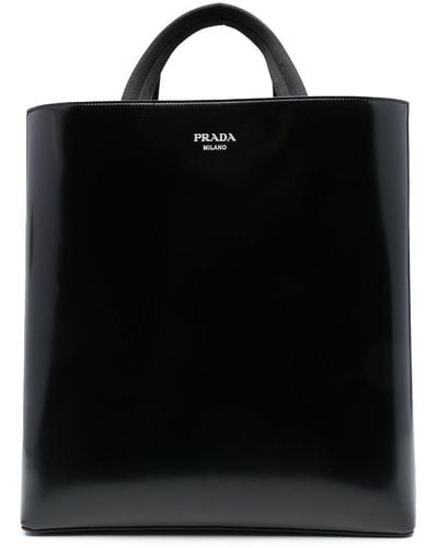 Prada Logo-Stamp Leather Tote Bag - Black