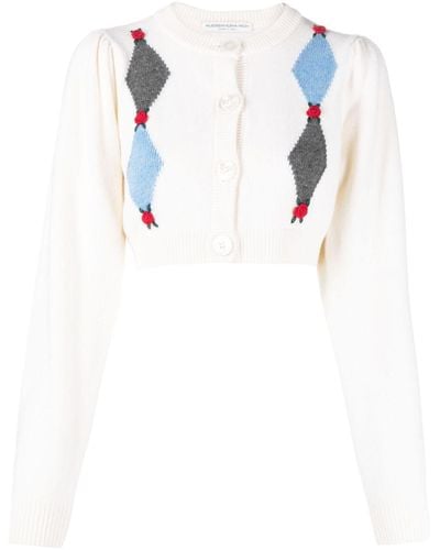 Alessandra Rich Rose-Embroidered Argyle Wool Cardigan - White