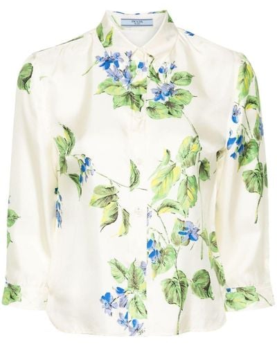 Prada Floral-Print Silk Shirt - Natural