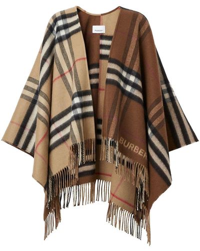 Burberry Contrast Check Fringed Cape - Brown