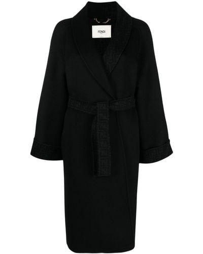 Fendi Belted-Waist Virgin-Wool Coat - Black