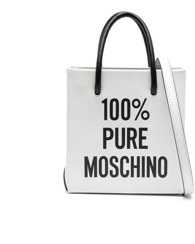 Moschino Slogan-Print Leather Tote Bag - White