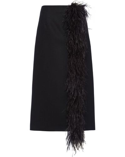 Prada Feather-Trimmed Wool Midi Skirt - Black