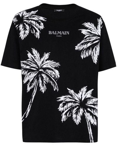 Balmain Palm Tree-Print Cotton T-Shirt - Black