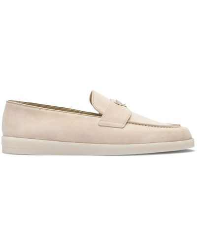 Prada Enamel Triangle Logo-Plaque Suede Loafers - White