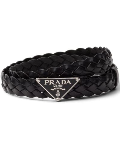 Prada Triangle-Logo Braided Leather Belt - Black