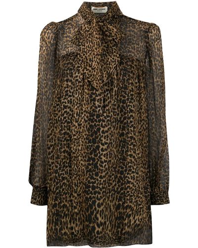Saint Laurent Leopard-Print Flared Dress - Brown