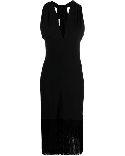 Ferragamo V-Neck Fringed Midi Dress - Black