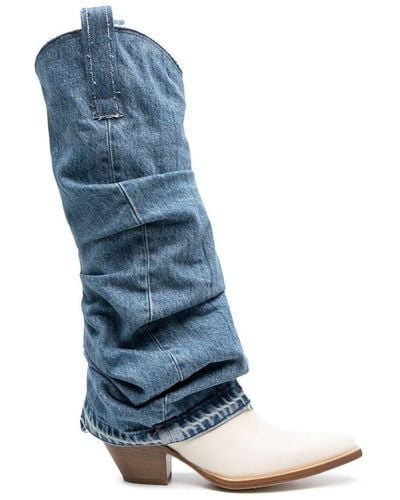 R13 Contrast Ruched Denim Boots - Blue