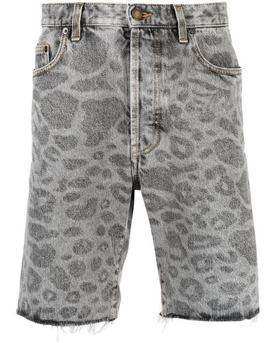 Saint Laurent Leopard-print Denim Shorts - Grey