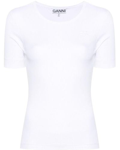 Ganni Logo-Embroidered Ribbed T-Shirt - White