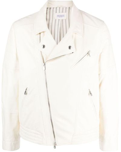 Brunello Cucinelli Off-Centre Leather Biker Jacket - Natural