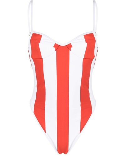 ROWEN ROSE Sweetheart-Neck Striped Swimsuit - Red