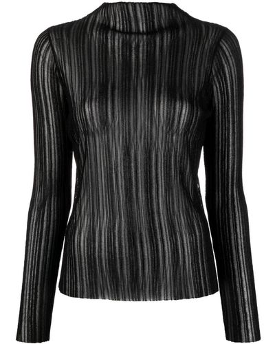 Anine Bing Amy Ribbed-Knit Sheer Top - Black