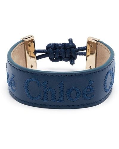 Chloé Embroidered-Logo Leather Bracelet - Blue