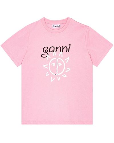 Ganni Logo-Print Organic Cotton T-Shirt - Pink