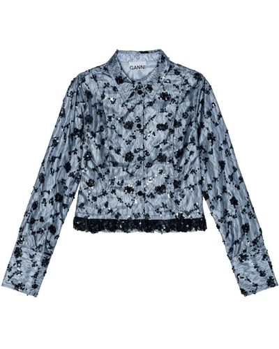 Ganni Sequin-Embellished Cropped Shirt - Blue