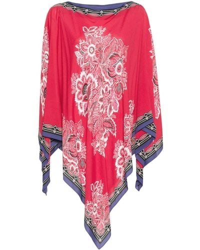 Etro Floral-Print Boat-Neck Poncho - Red