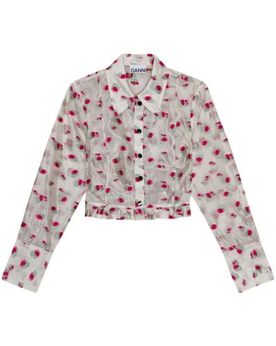 Ganni Floral-Print Organza Shirt - Natural