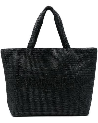Saint Laurent Logo-Embossed Raffia Tote Bag - Black