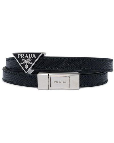 Prada Triangle-logo Leather Bracelet - Black
