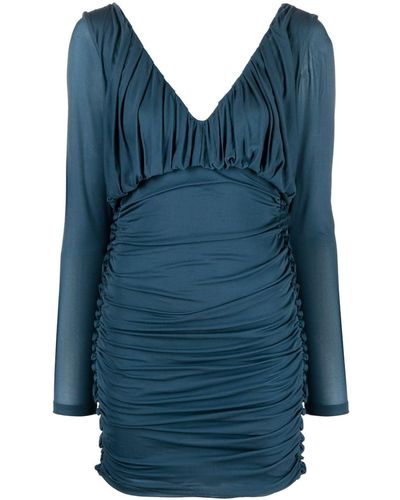 Saint Laurent V-Neck Draped Mini Dress - Blue
