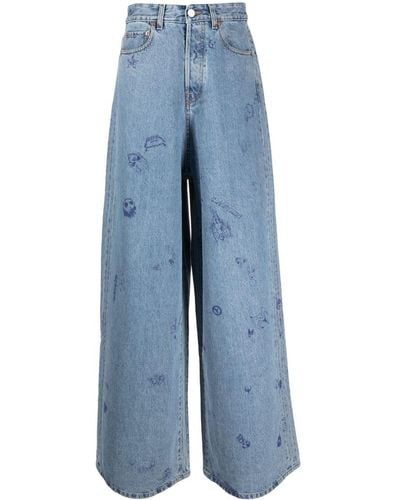 Vetements Illustration-Style Print Wide-Leg Jeans - Blue