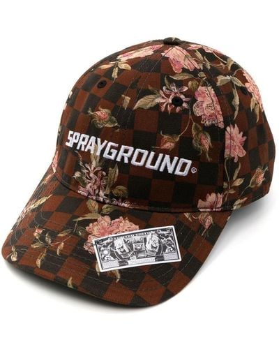 Sprayground Check Floral-Print Embroidered-Logo Cap - Brown