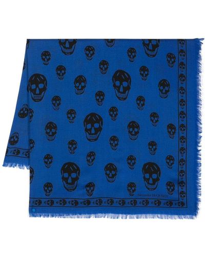 Alexander McQueen Skull-Print Wool Scarf - Blue