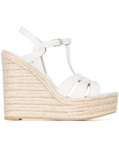 Saint Laurent Tribute Wedge Espadrilles In Smooth Leather - Natural
