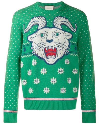 Gucci Tiger-jacquard Wool-blend Sweater - Green