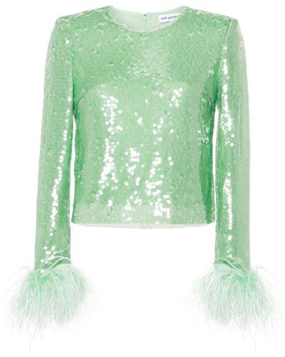 Self-Portrait Feather-Trim Sequinned Top - Green