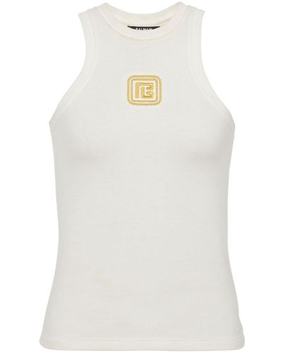 Balmain Logo-Embroidered Tank Top - White