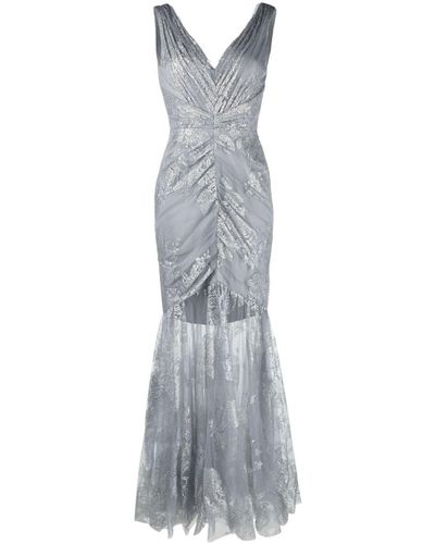 Marchesa Leaf-embroidered Ruched Gown - Gray